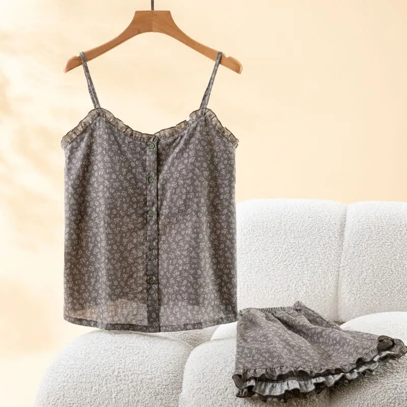 Pyjama-Set aus geblümtem Baumwoll-Top mit Rüschen