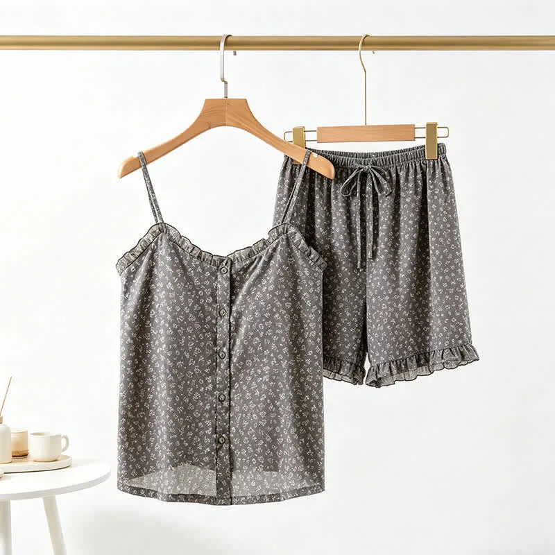 Pyjama-Set aus geblümtem Baumwoll-Top mit Rüschen
