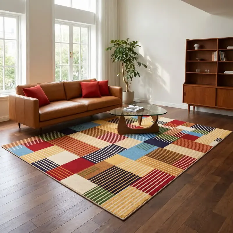 Gestreifter Patchwork-Teppich mit geometrischem Muster