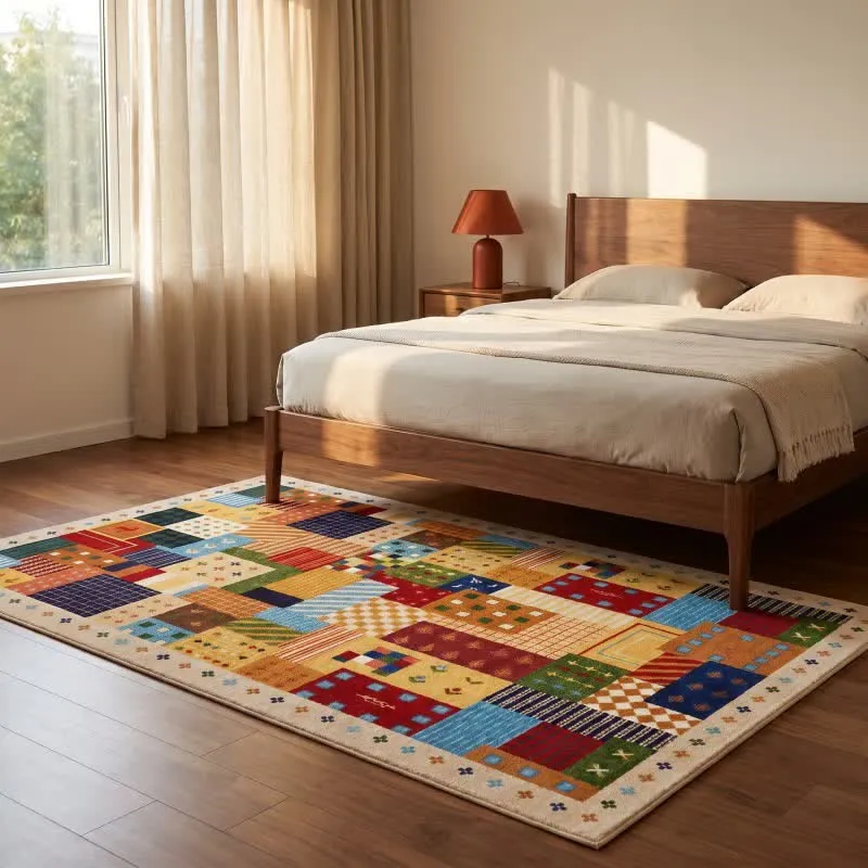 Lebhafter Patchwork-Teppich mit geometrischem Muster