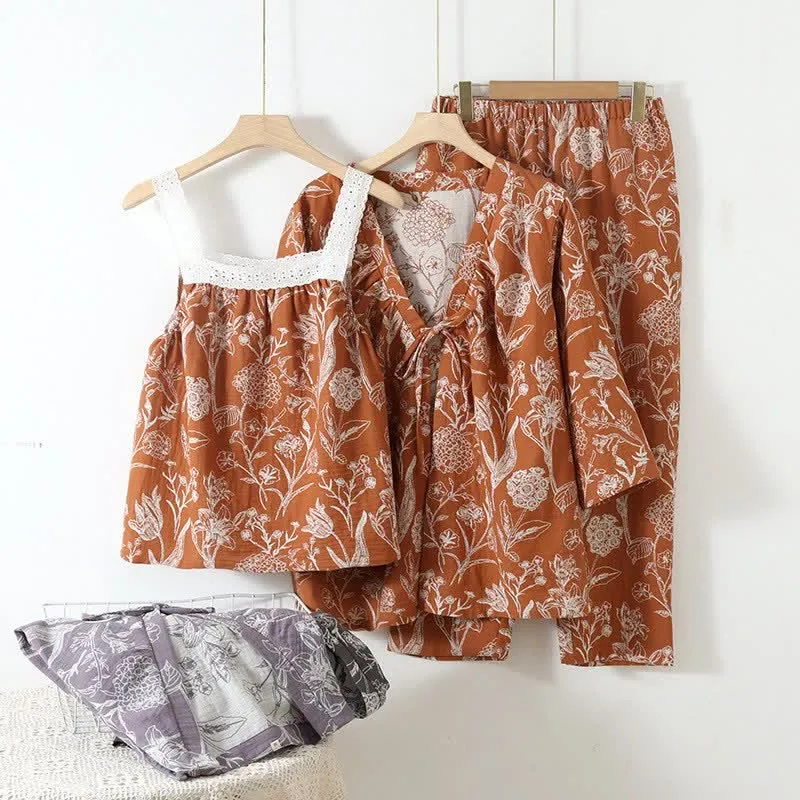 3-teiliger Pyjama-Satz aus reiner Baumwolle mit Blumenmuster