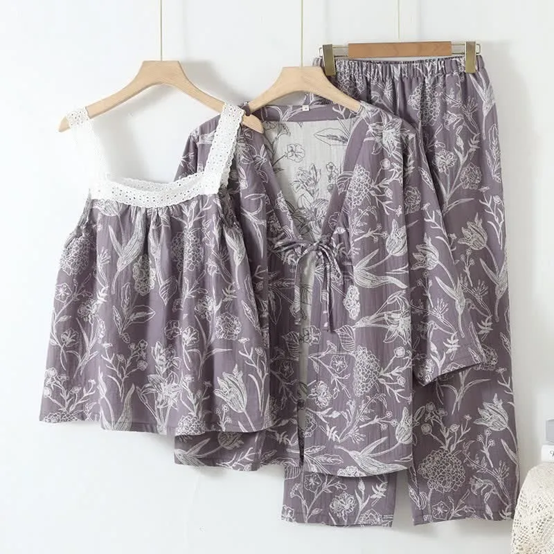 3-teiliger Pyjama-Satz aus reiner Baumwolle mit Blumenmuster