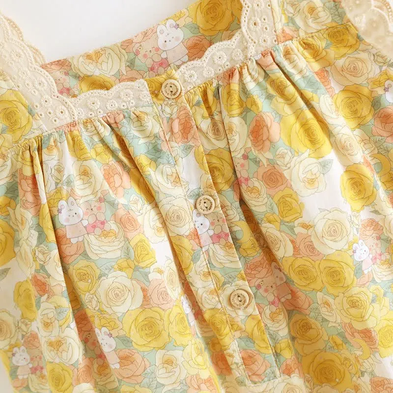 Nachthemd aus Baumwolle mit gelbem Blumen-Spitzenbesatz