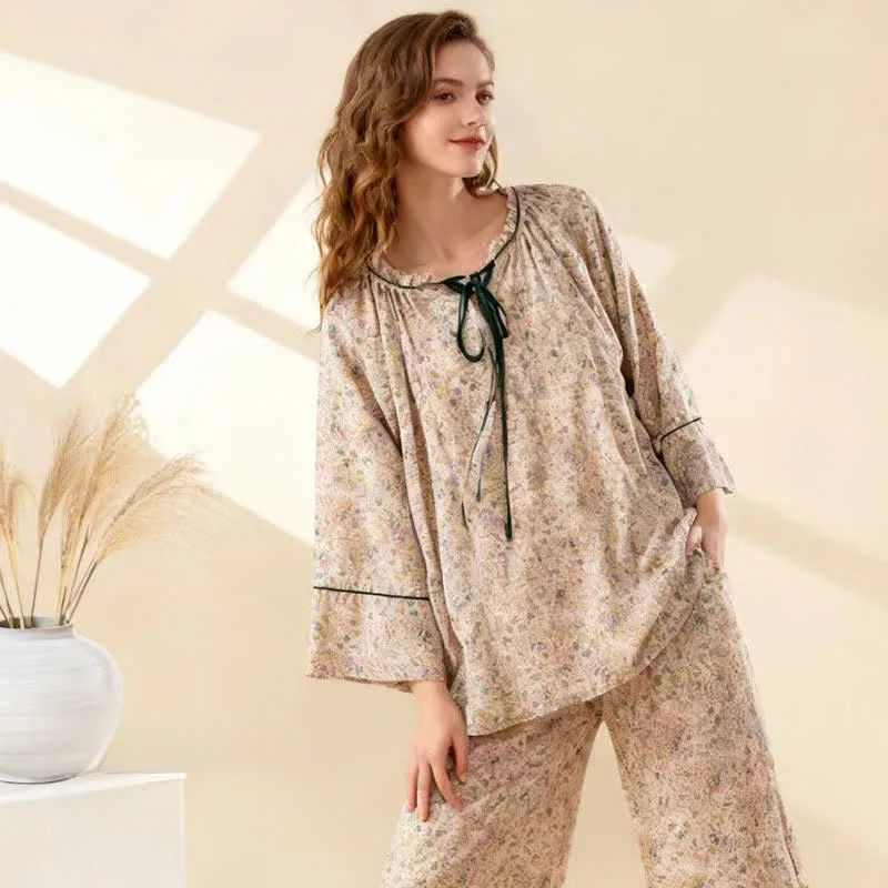 Ländliches, florales Baumwoll-Loungewear-Set mit Rüschen