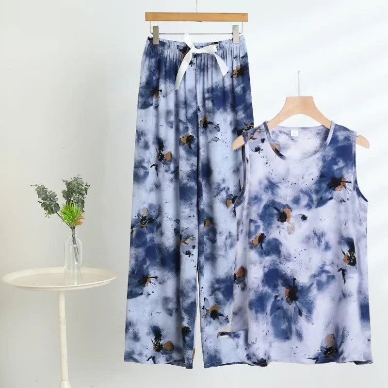 Blaues Batik-Pyjama-Set aus Tanktop und Hose