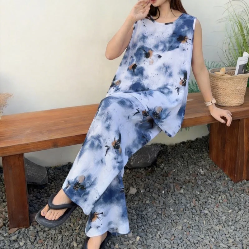 Blaues Batik-Pyjama-Set aus Tanktop und Hose