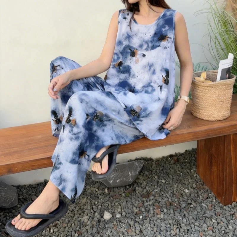Blaues Batik-Pyjama-Set aus Tanktop und Hose