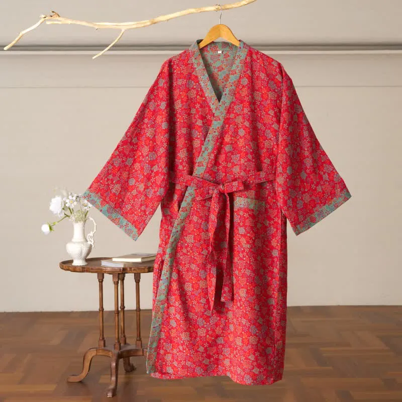 Romantischer Kimono-Bademantel aus Baumwolle mit Rosenmuster