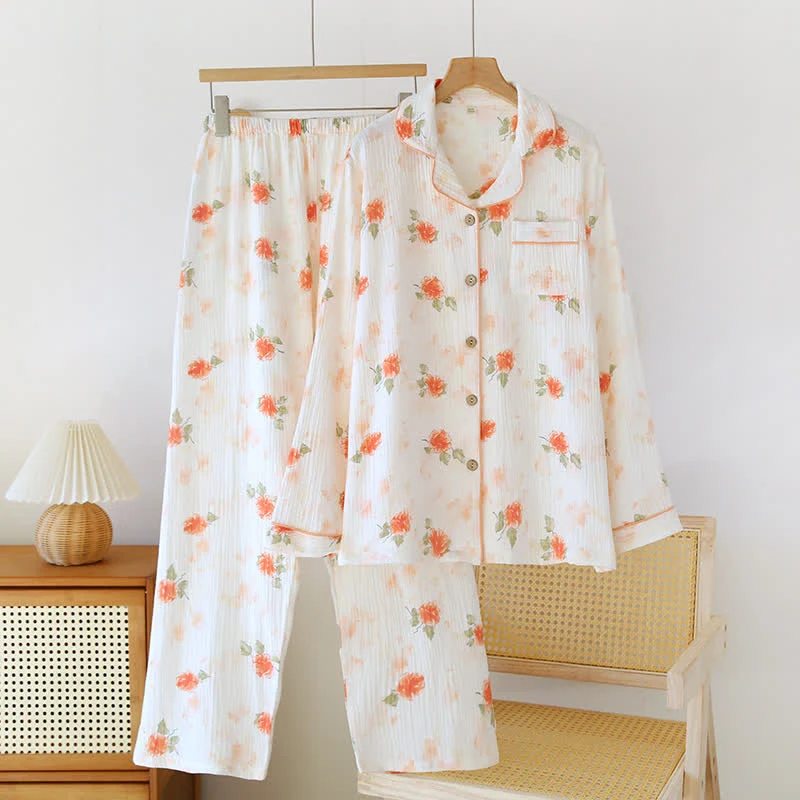 Loungewear-Set aus orangefarbenem und rosafarbenem Baumwollgaze