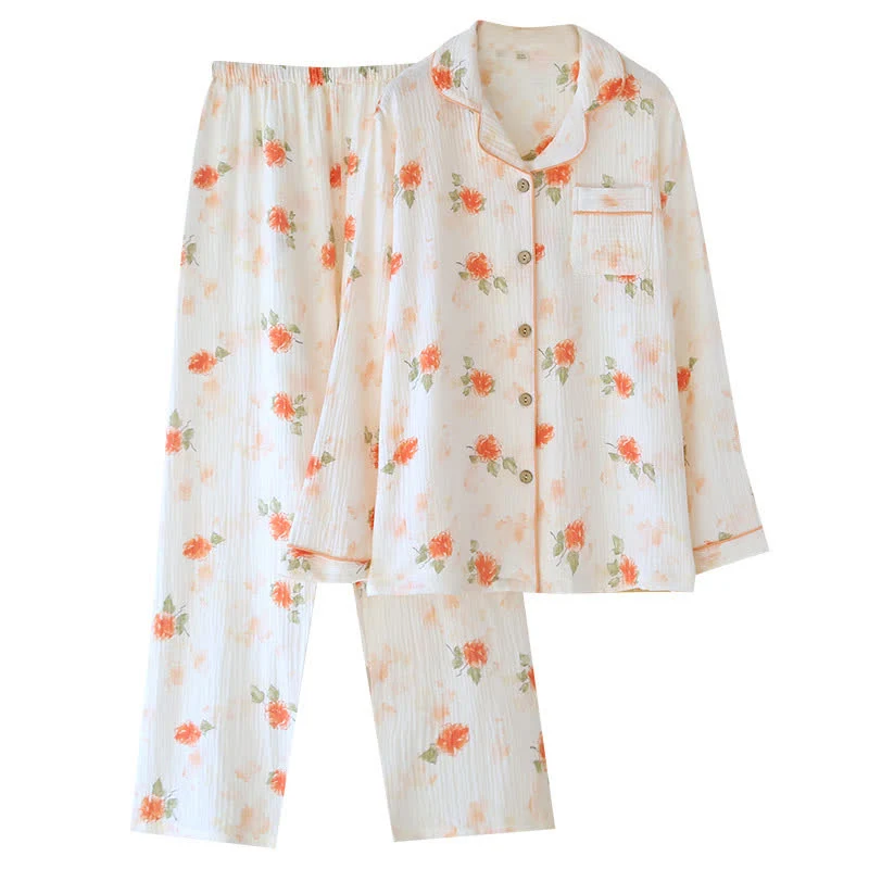 Loungewear-Set aus orangefarbenem und rosafarbenem Baumwollgaze