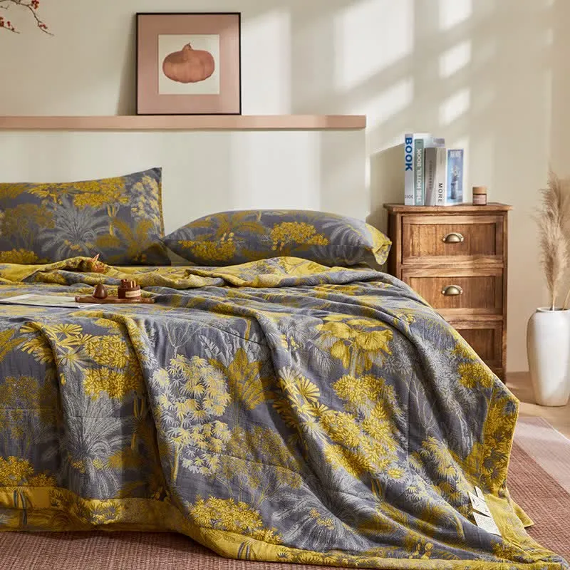 Jacquard-Steppdecke aus Baumwollgaze mit botanischem Baummuster