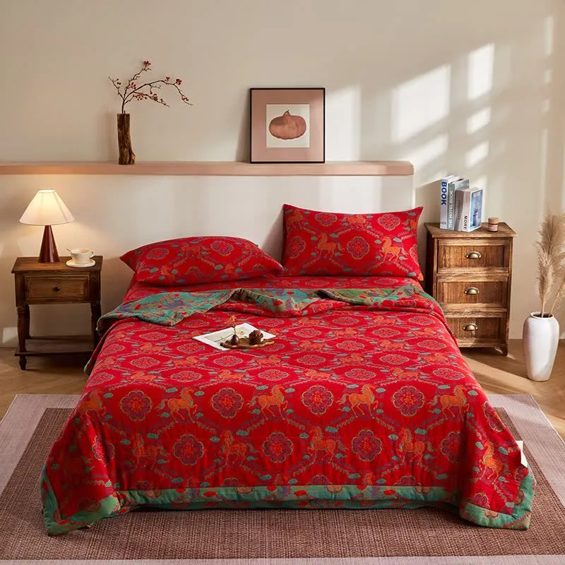 Vintage-Pferde-Jacquard-Steppdecke aus Baumwollgaze