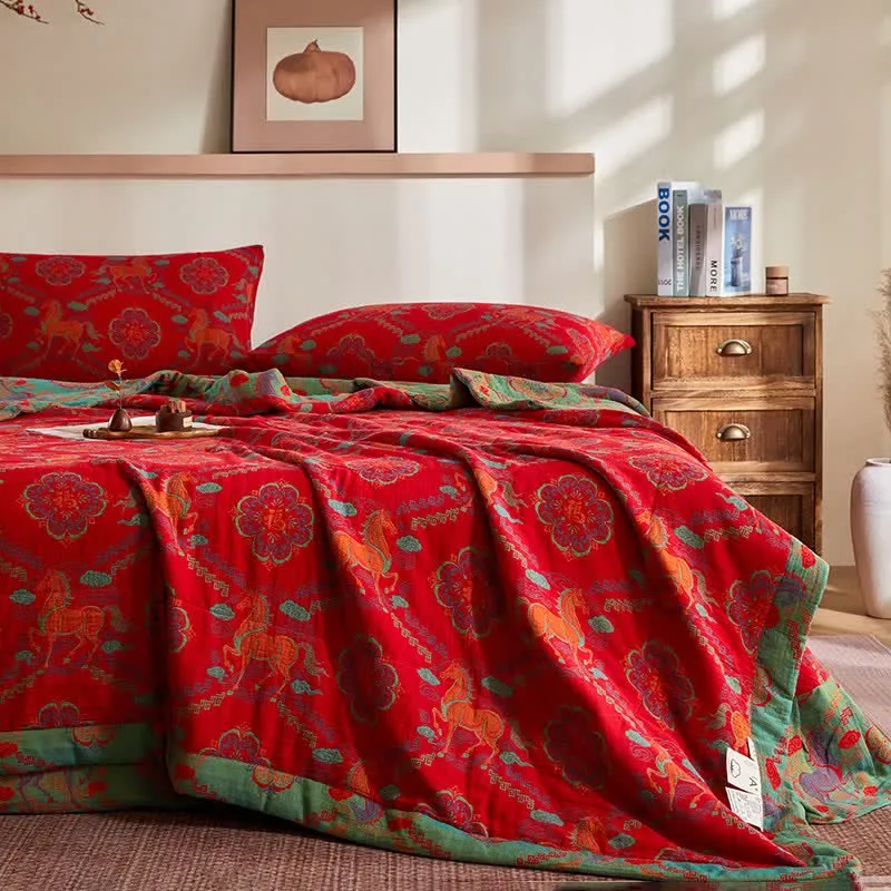 Vintage-Pferde-Jacquard-Steppdecke aus Baumwollgaze