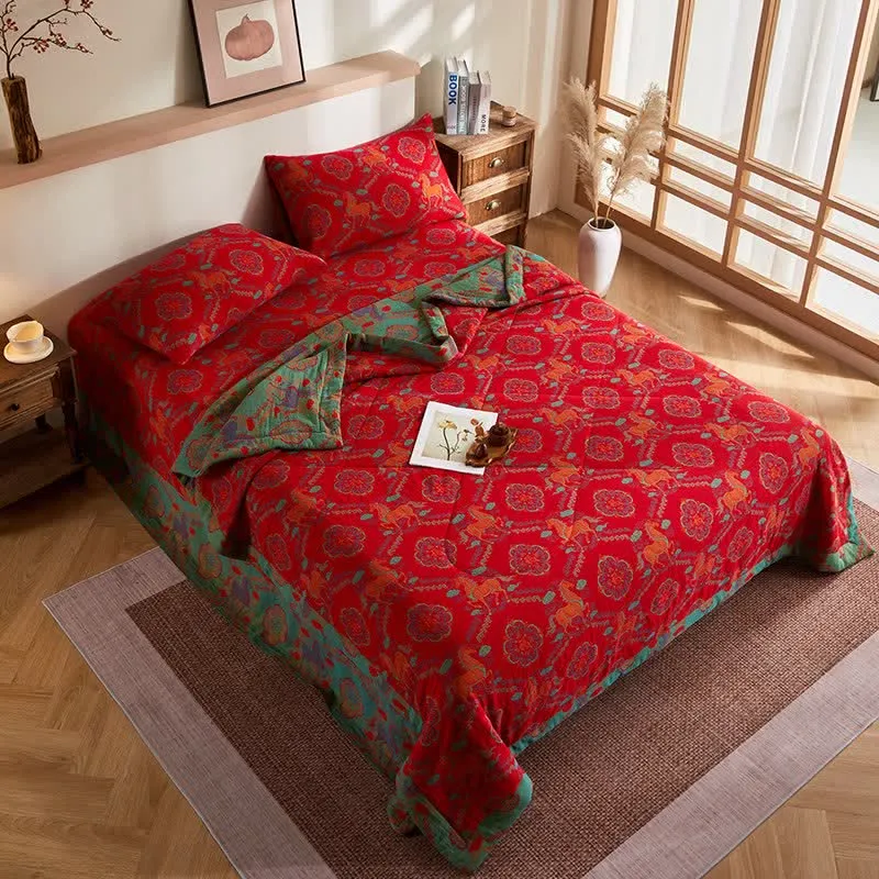 Vintage-Pferde-Jacquard-Steppdecke aus Baumwollgaze