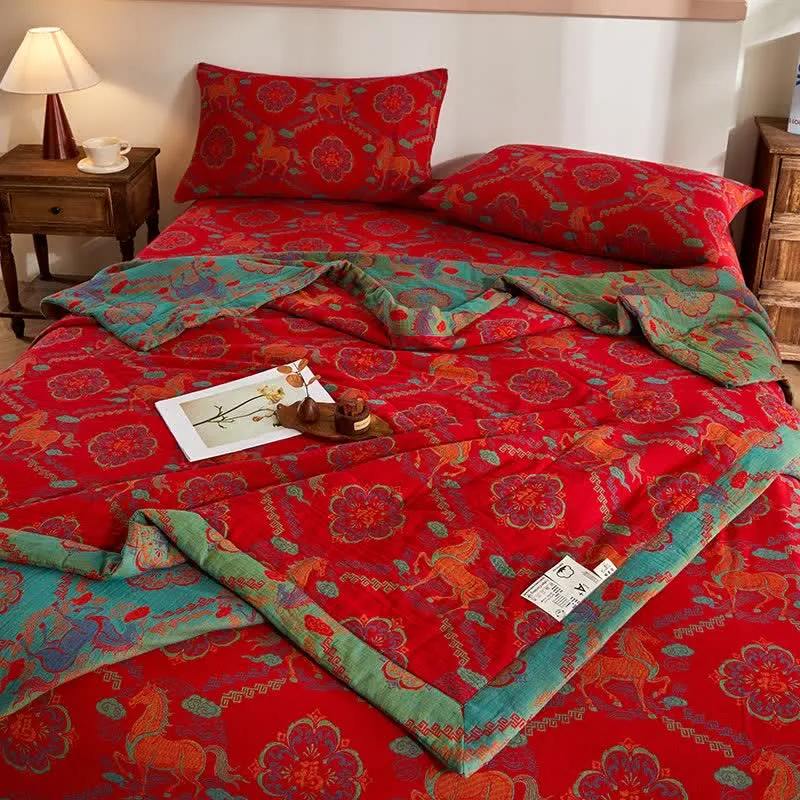 Vintage-Pferde-Jacquard-Steppdecke aus Baumwollgaze