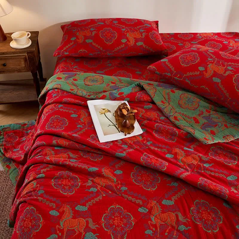 Vintage-Pferde-Jacquard-Steppdecke aus Baumwollgaze