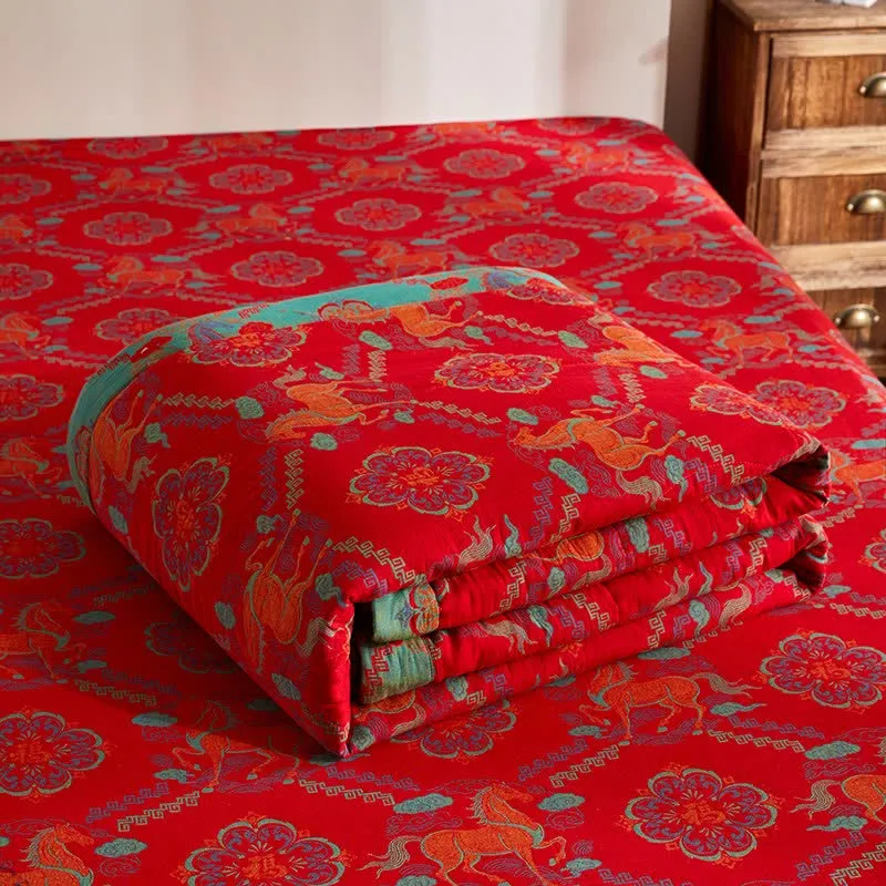 Vintage-Pferde-Jacquard-Steppdecke aus Baumwollgaze