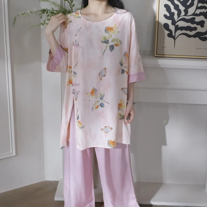 Loungewear-Set mit Schmetterlings- und Blumenmuster im orientalischen Stil