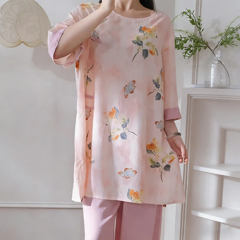 Loungewear-Set mit Schmetterlings- und Blumenmuster im orientalischen Stil