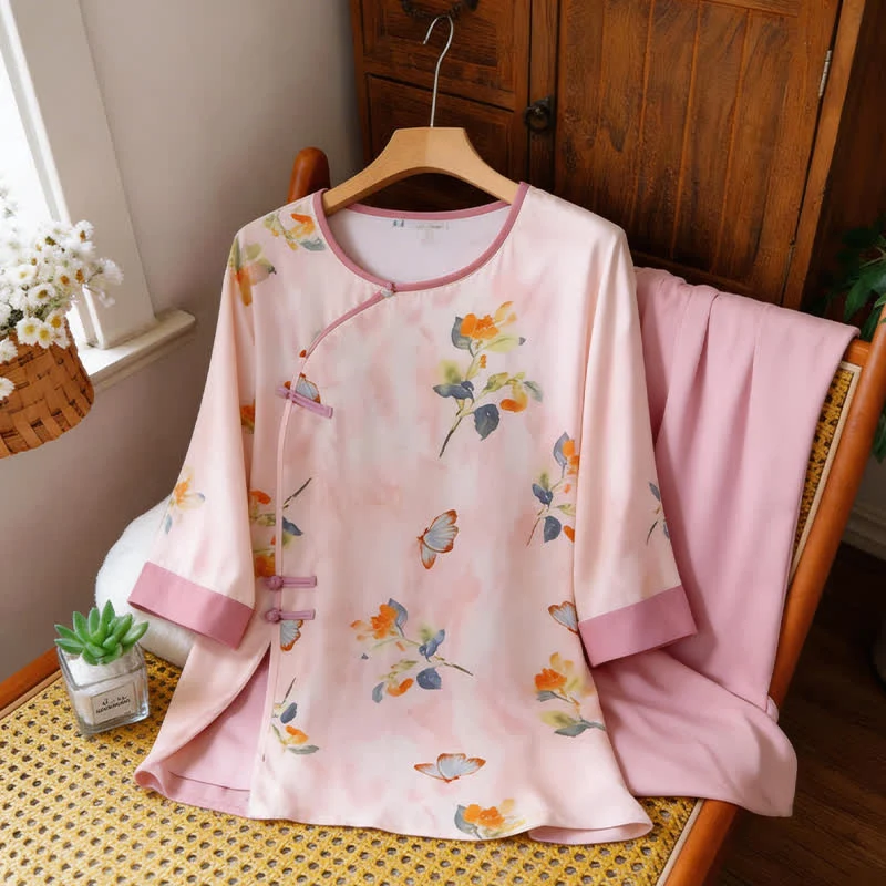 Loungewear-Set mit Schmetterlings- und Blumenmuster im orientalischen Stil