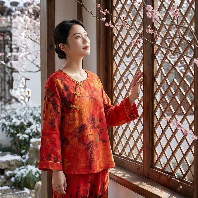 Luxuriöses Pyjama-Set aus reiner Baumwolle mit Pfingstrosenmuster