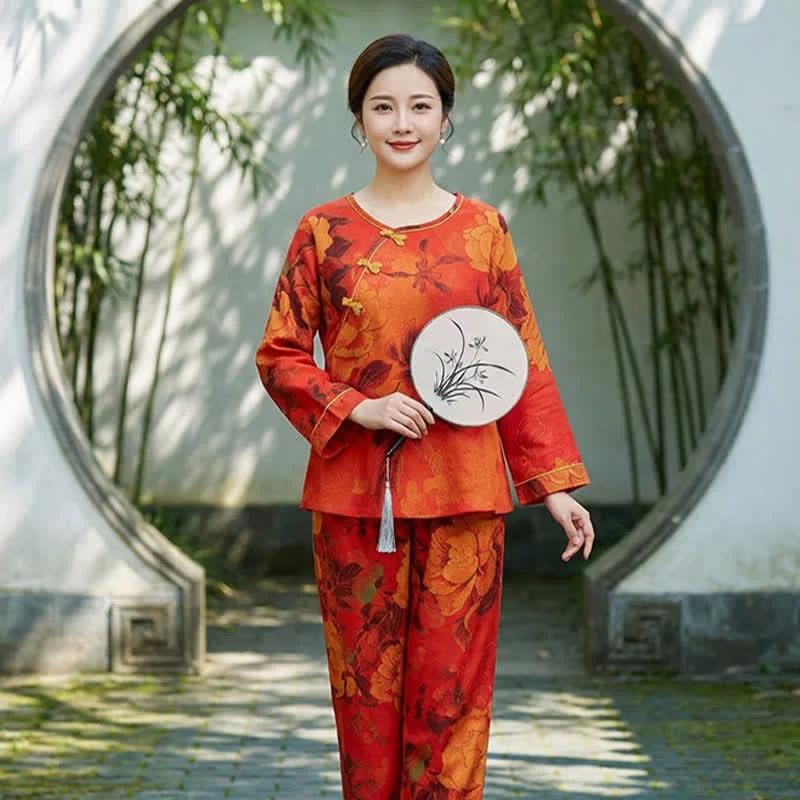 Luxuriöses Pyjama-Set aus reiner Baumwolle mit Pfingstrosenmuster
