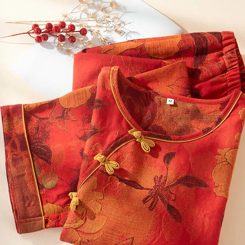 Luxuriöses Pyjama-Set aus reiner Baumwolle mit Pfingstrosenmuster