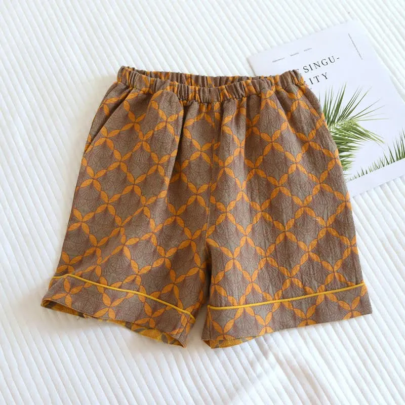 Gelbe karierte Pyjama-Shorts aus Baumwollgaze