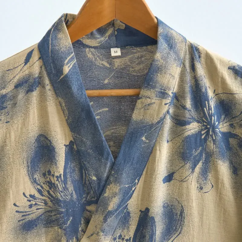 Kimono-Bademantel aus Bio-Baumwolle mit Aquarellblumenmuster