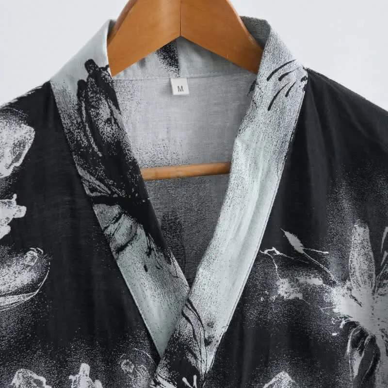 Kimono-Bademantel aus Bio-Baumwolle mit Aquarellblumenmuster