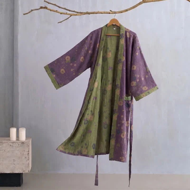 Kimono-Bademantel aus Bio-Baumwolle mit Gartenblumenmuster