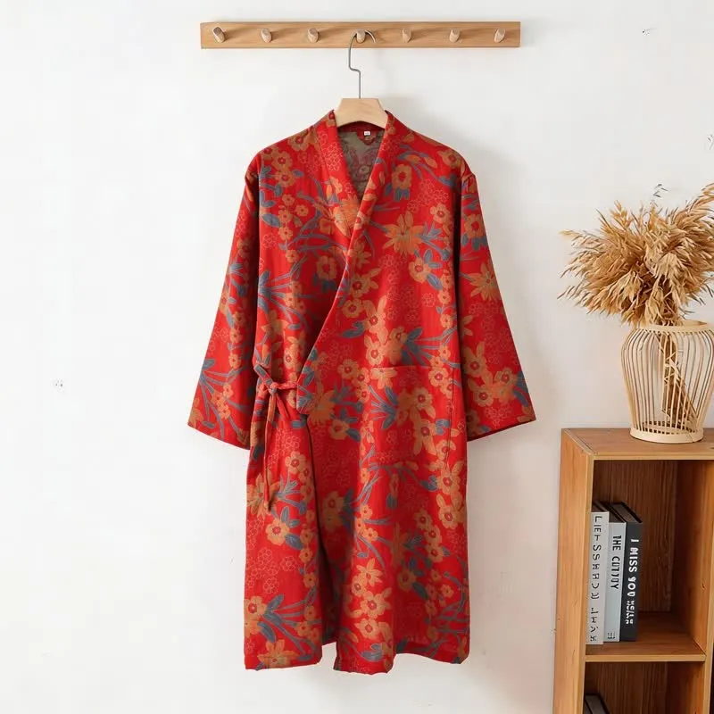 Kimono-Baumwollmantel mit pastoralem Blumenmuster und Jacquard-Print