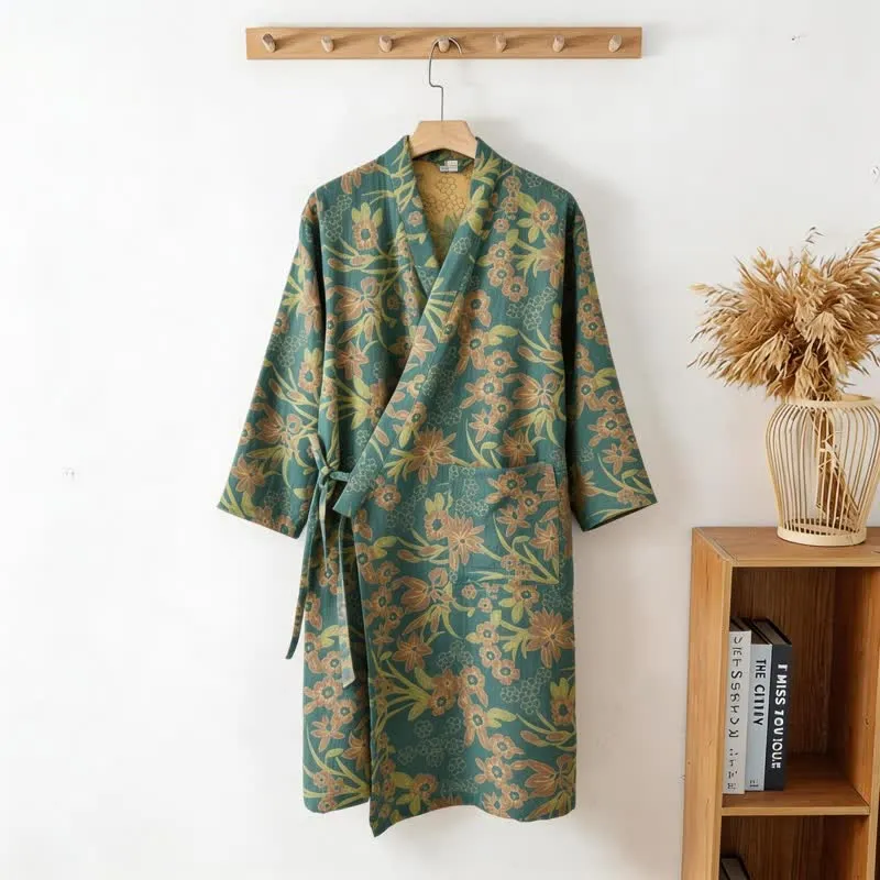 Kimono-Baumwollmantel mit pastoralem Blumenmuster und Jacquard-Print