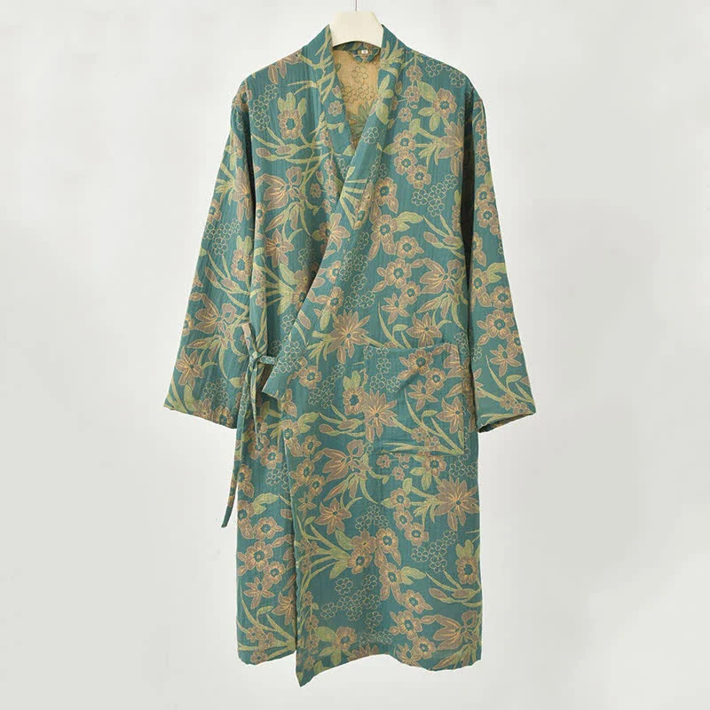 Kimono-Baumwollmantel mit pastoralem Blumenmuster und Jacquard-Print