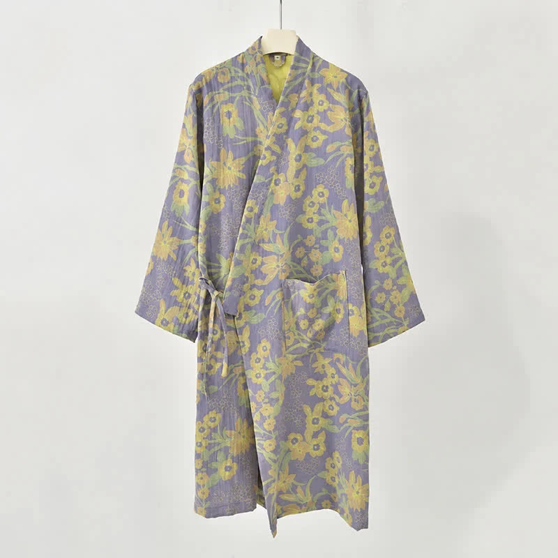 Kimono-Baumwollmantel mit pastoralem Blumenmuster und Jacquard-Print