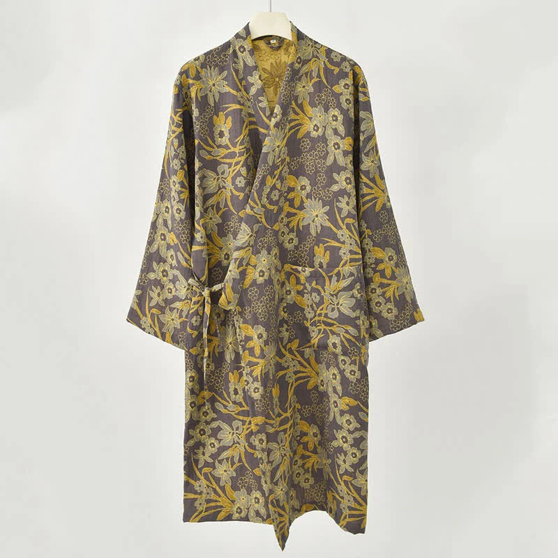 Kimono-Baumwollmantel mit pastoralem Blumenmuster und Jacquard-Print