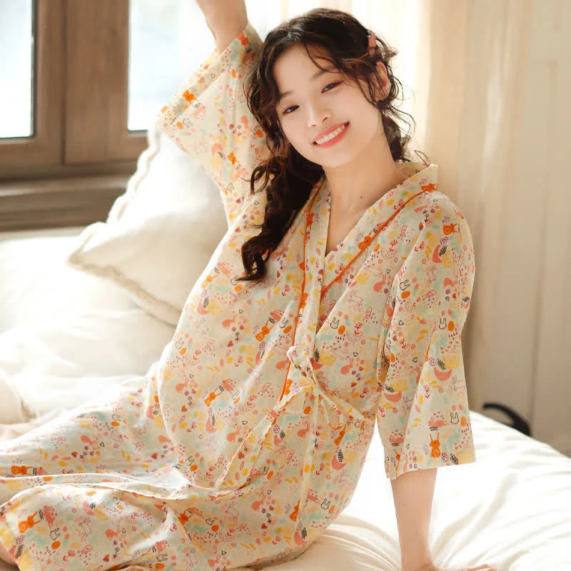 Niedliches Kimono-Nachthemd mit Hasen- und Mondmotiv