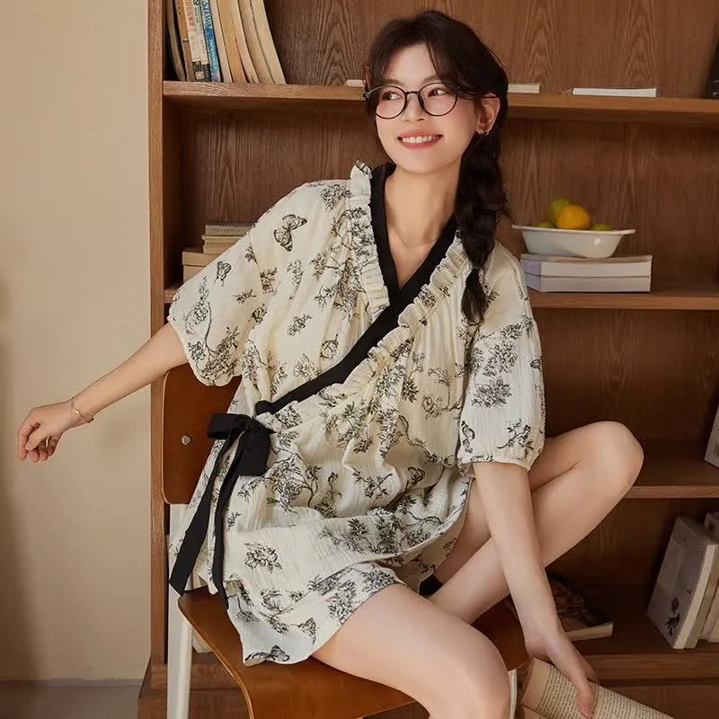 Pyjama-Set mit Blumenmuster und Schmetterlingen, kurzärmlig, ohne BH