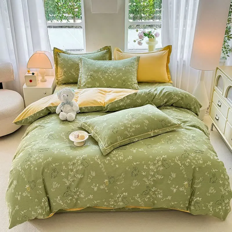 Bettwäsche-Set aus gebürsteter Baumwolle mit Hasen- und Blattmotiven