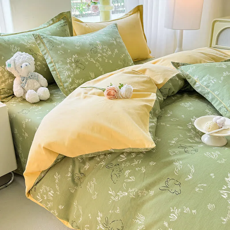 Bettwäsche-Set aus gebürsteter Baumwolle mit Hasen- und Blattmotiven