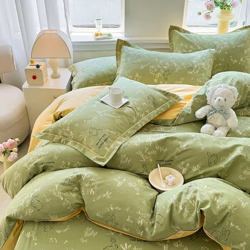 Bettwäsche-Set aus gebürsteter Baumwolle mit Hasen- und Blattmotiven