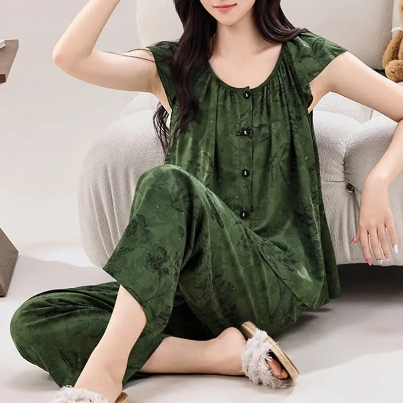 Grünes Loungewear-Set mit Blumenmuster und Rüschenärmeln
