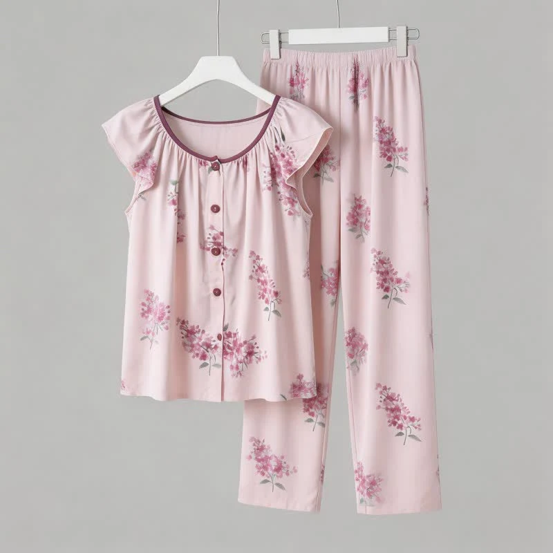 Pyjama mit Blumenmuster, flatternden Ärmeln und Knopfleiste