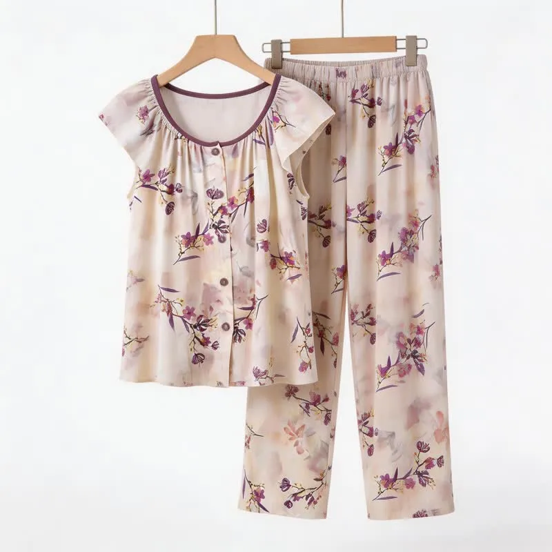 Loungewear-Set mit Knopfleiste in Pfirsichblüten-Optik