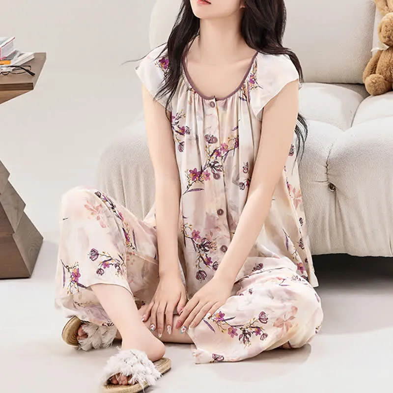 Loungewear-Set mit Knopfleiste in Pfirsichblüten-Optik