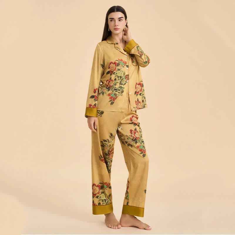Luxuriöses Pyjama-Set mit Blumen- und grünen Blattmuster