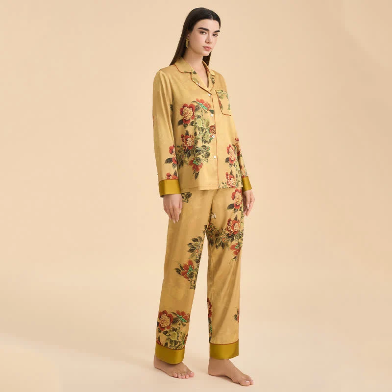 Luxuriöses Pyjama-Set mit Blumen- und grünen Blattmuster