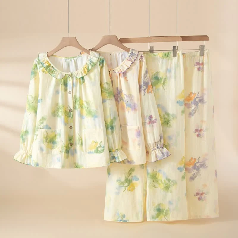 Pyjama-Set aus Baumwollgaze mit Blumenmuster und Rüschen