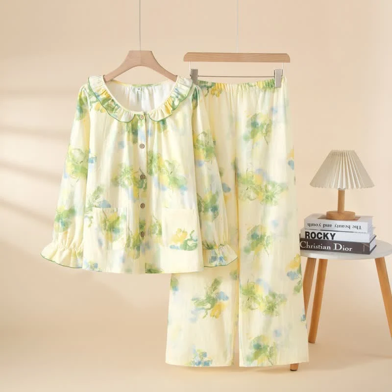 Pyjama-Set aus Baumwollgaze mit Blumenmuster und Rüschen