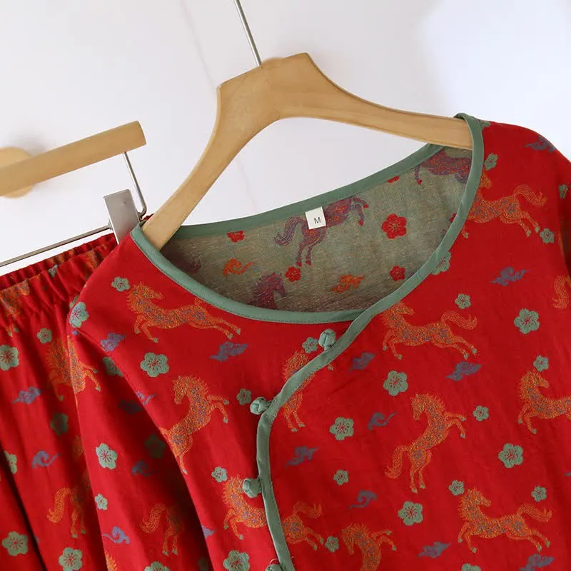 Loungewear-Set aus Baumwollgaze mit Pferdemotiv und Blumenmuster